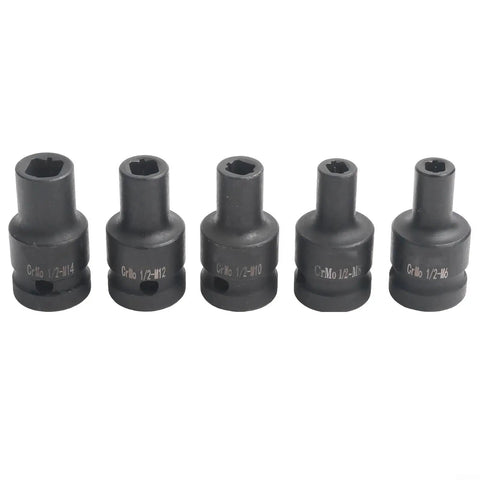 Pro Square Tap Socket Kit 5-Piece Set For M6 To M14 Re-Threading With Chrome Vanadium Steel, Black Phosphate Finish and Pneumatic Adapter For Tight Spots. five black sockets M6-M14