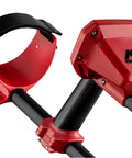 Minelab Vanquish 440 metal detector control unit with red circular search coil, close-up view