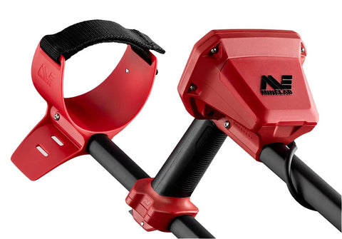Minelab Vanquish 440 metal detector control unit with red circular search coil, close-up view