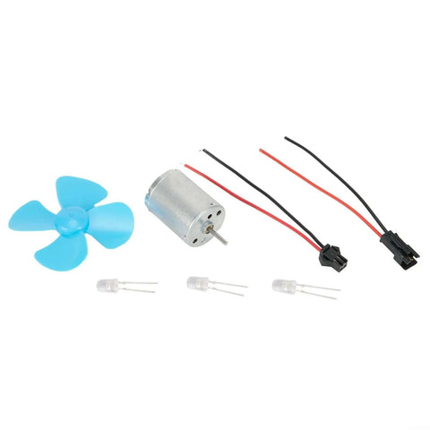 Wind Turbine Generator Kit For DIY Projects And Teaching Models With 12V Turbine Motor That Converts Wind Into DC 0 To 20V Power Compact 25mm By 31mm Size And Easy Plug And Play Electrical Components For Education, components displayed including motor, wires, and paddle.