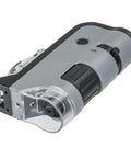 LED UV Pocket Microscope With 100x To 250x Zoom And Smartphone Clip Digiscoping A STEM Ed Tool For Students And Makers Delivers Sharp Images And Easy On The Go Documentation, gray plastic handheld