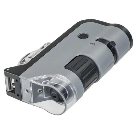 LED UV Pocket Microscope With 100x To 250x Zoom And Smartphone Clip Digiscoping A STEM Ed Tool For Students And Makers Delivers Sharp Images And Easy On The Go Documentation, gray plastic handheld