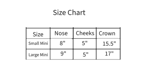 Size chart for Patterned Nylon Mini Horse Halter Set With Padded Noseband And Matching 7 Foot Soft Grip Lead Rope Ultra Durable Brass Hardware Six Month Warranty Comes In Fun Prints For Training Trails And Everyday Riding showing small and large mini sizes.