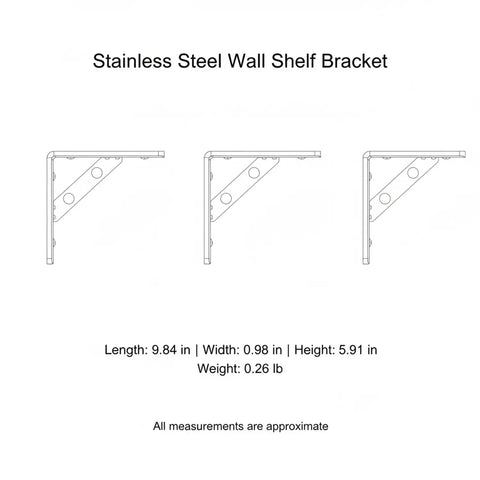 Diagram of Beefy Sturdy Stainless Steel Wall Shelf Bracket With L Shape Design for kitchen, bath, garage. 9.84in length, silver finish.
