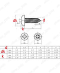 Technical drawing of Rock Solid Titanium Gr2 Phillips Pan Head Self Tapping Screws M3 M4 M5 M6 with size specifications.