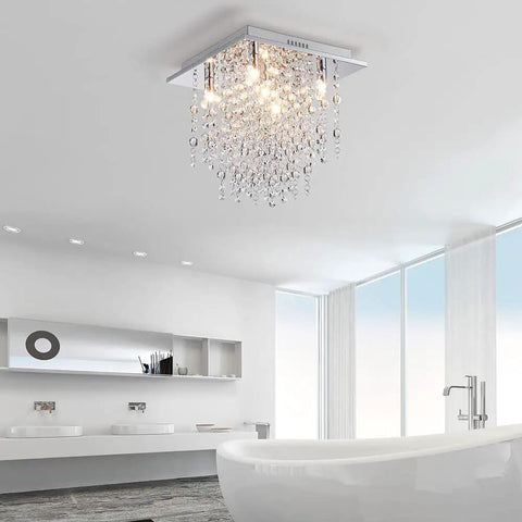 Five Light Modern Flush Mount Crystal Ceiling Light Fixture For Bedroom Dining Room Living Room Close To Ceiling Chandelier Style G9 Bulbs Not Included LED Compatible 12 Inch High 13 Inch Wide 13 Inch Long