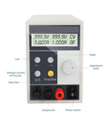 Pro-Grade High Precision DC Power Supply 0.01V 0.001A Resolution, 1000W, 1000V Output, AC 110V In, front view with display