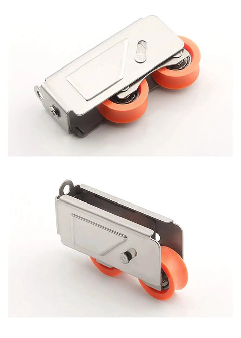 Hella Durable Aluminum Alloy Sliding Door Pulleys and Window Roller Wheels, orange wheels with silver casing, side view.