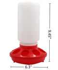 Heavy Duty Automatic Poultry Feeder With Waste Free Base And Clear Sight Jar, 9.45" tall, 6.3" wide, red and white design for baby chicks, pigeons, and quail.