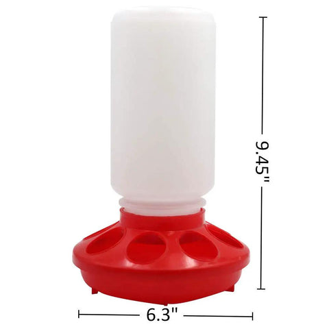 Heavy Duty Automatic Poultry Feeder With Waste Free Base And Clear Sight Jar, 9.45" tall, 6.3" wide, red and white design for baby chicks, pigeons, and quail.
