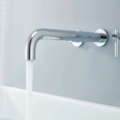 Wall Mount Tub Filler Chrome Faucet With Brass Construction, Double Handles, Ceramic Cartridge, One Half Inch NPT Inlets, sleek design