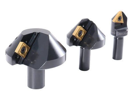 Three Piece 82 Degree Carbide Indexable Countersink Set With Inserts For One Quarter Inch One Half Inch And One And One Quarter Inch Shanks Smooth Cutting Without Chatter No Resharpening Required Pro Grade For Metalworking And Woodworking displayed on white background