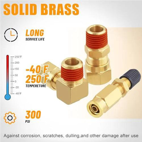 Front view of solid brass air brake line fittings kit for nylon tubing, assorted sizes 1/8, 1/4, 3/8, 1/2, 5/8 in
