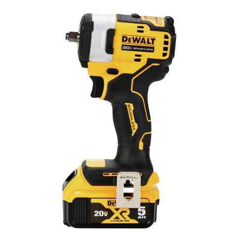 Heavy Duty 20V Compact Impact Wrench Kit Equipped With Brushless Motor And Dual Trigger Control showing side view of black and yellow tool with battery.