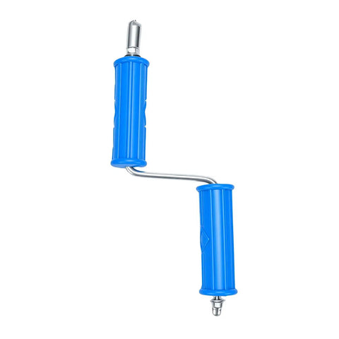 Heavy Duty Steel Drain Auger Cable With Six Removable Cutting Blades And Extended Ten Foot Reach For Knocking Out Stubborn Plugs From Kitchen Sink Lines To Bathroom Pipes Without Breaking A Sweat - blue handle and steel shaft.