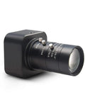 Rock Solid Aluminum Build 4K HD Webcam With Cs Mount 5 To 50 MM Telephoto Zoom Lens, side view with manual zoom controls.