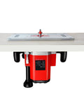 Heavy Duty Aluminum Router Table Insert Plate For Woodworking Benches With Slick Router Insert Rings And Hardware No Sweat Setup Hella Durable 12 Inch Router Base Replacement mounted on a workbench with router attached.