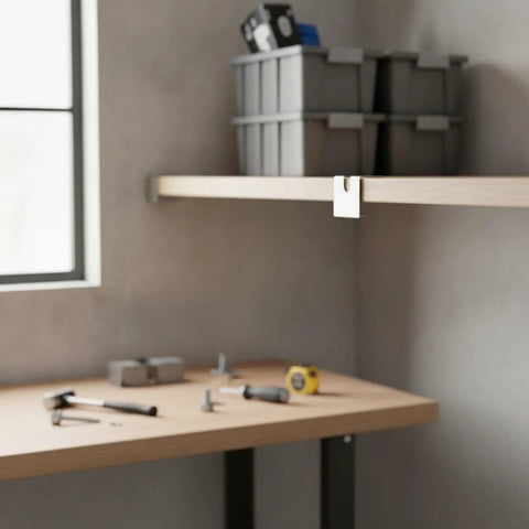 Heavy Duty Steel Corner Shelf Connector Bracket For DIY Shelving, 90 Degree Joint in workshop, silver finish, tools on table