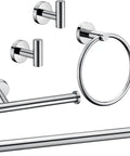 Polished Chrome 5 Piece Bathroom Hardware Set With Hand Towel Ring, 16 Inch Towel Bar, Toilet Paper Holder, Two Towel Hooks