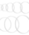 Eight Piece Circle Router Template Set For Woodworking, clear acrylic inlay guides, 2.8 to 8 inches, 4-5mm thick, front view.