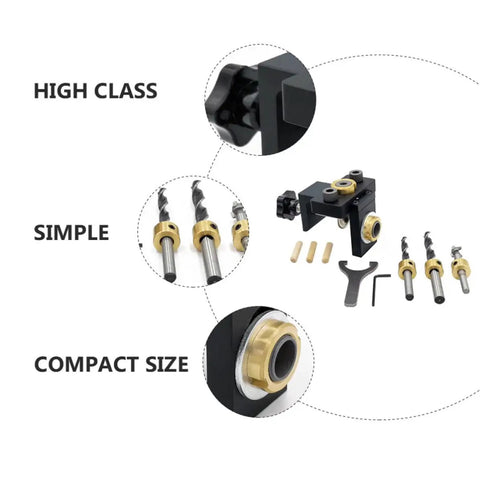 Precision Woodwork Hole Punching Locator Tool Set For Furniture Building And Diy Pros with black and gold drill bits.
