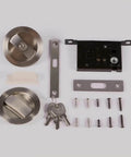 Invisible Barn Door Lock Set With Cup Handle And Keys in silver zinc alloy showing components including screws and keys.