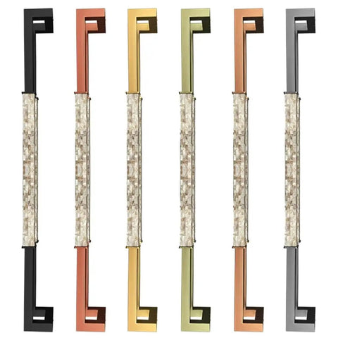Top Shelf Stainless Steel Door Handle With Sweet Gold Plated Finish And Real Deal Inlaid Glass Center six color variations displayed.