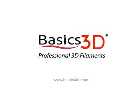 Basics3D logo for professional 3D filaments showcasing branding and web address.