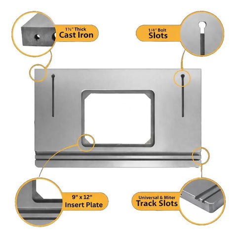 Pro Grade Cast Iron Router Table Extension With Tough As Nails Phenolic Plate And Precision Fence, 1.5" thick cast iron top with slots.