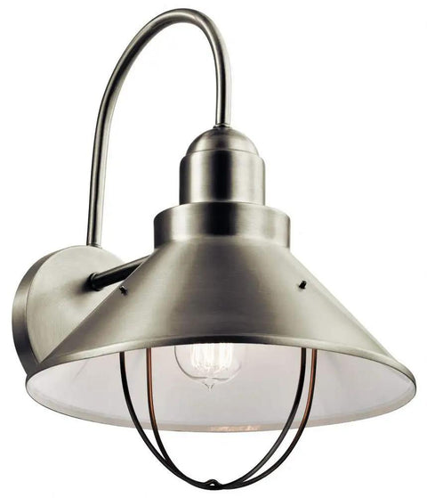 Seaside 16.5 Inch One Light Outdoor Wall Light in brushed nickel wet rated exterior fixture with classic coastal rustic vibe