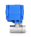 Front view of Motorized Ball Valve Quarter Inch Full Port NSF Certified 304 Stainless Steel Drinking Water Safe Auto Return