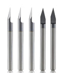 Top Shelf Carbide V Groove Router Bit Set 10 Piece High Precision Engraving Gear With Three Point Two Mm Shank For Wood Plastic And Metal Sign Crafting And No Nonsense Detail Work, five router bits showing detailed cutting edges.
