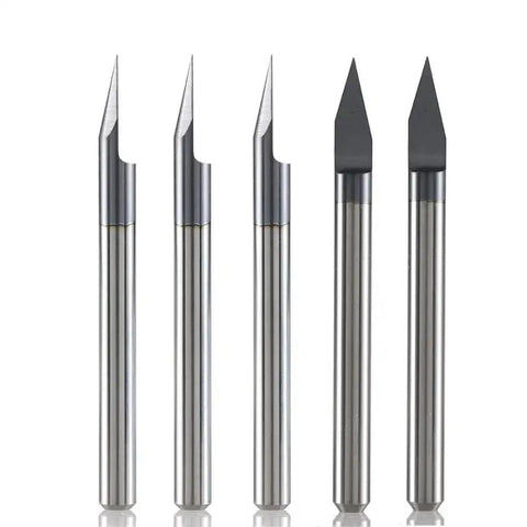 Top Shelf Carbide V Groove Router Bit Set 10 Piece High Precision Engraving Gear With Three Point Two Mm Shank For Wood Plastic And Metal Sign Crafting And No Nonsense Detail Work, five router bits showing detailed cutting edges.