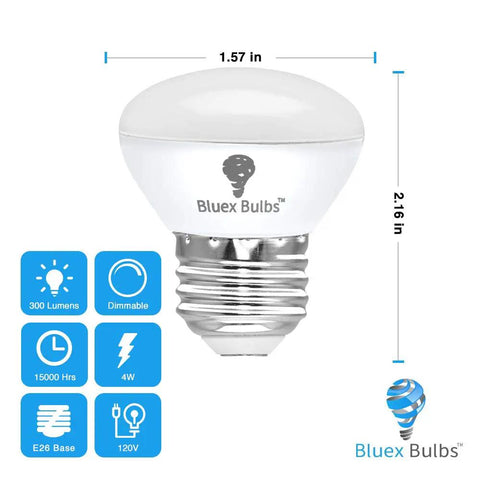 4 Pack R14 LED Bulbs 4W Dimmable 2700K Warm White 40W Equivalent Mini Reflector Flood Light Bulbs With E26 Base For Curio Cabinets And Short Fixtures Energy Saving No Flicker shown with dimensions and features
