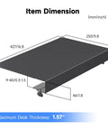 Dimensions of 17 Inch Black Corner Desk Extender For L Shaped Workstations, showing maximum desk thickness of 1.57 inches.