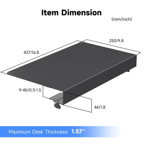 Dimensions of 17 Inch Black Corner Desk Extender For L Shaped Workstations, showing maximum desk thickness of 1.57 inches.