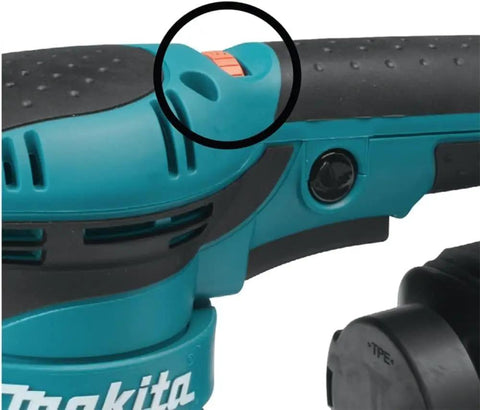 Close-up of 5 Inch Random Orbital Sander with 3.0 Amp Motor, variable speed dial, and ergonomic rubberized palm grip on handle.