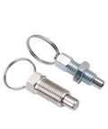 Badass Galvanized And Stainless Steel Indexing Plunger Pins With Ridiculously Slick Pull Ring Knobs For Lightning Quick Positioning On Factory Equipment 2 Pack M10 M12 M16 Sizes, showing two pins with pull ring knobs.