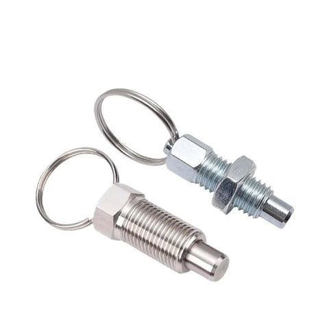 Badass Galvanized And Stainless Steel Indexing Plunger Pins With Ridiculously Slick Pull Ring Knobs For Lightning Quick Positioning On Factory Equipment 2 Pack M10 M12 M16 Sizes, showing two pins with pull ring knobs.