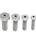 Stainless Steel Drill Guide Kit For Broken Studs 25mm Guide With M6 M8 M10 M12 showing four drill guides with hex heads