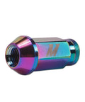 Close-up of Aluminum Locking Lug Nuts M12x1.5 Neo Chrome with conical seat design made from 7075 T6 aircraft-grade aluminum.