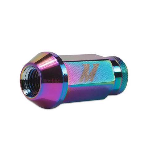 Close-up of Aluminum Locking Lug Nuts M12x1.5 Neo Chrome with conical seat design made from 7075 T6 aircraft-grade aluminum.