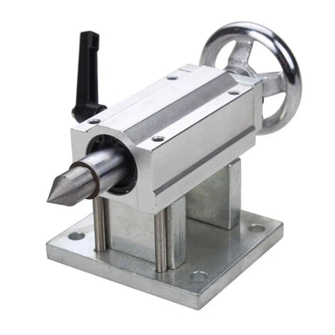 Straight Up Precision 4th Axis Gearbox For CNC Router, Hella Tough Rotary Three Jaw 100mm Chuck With 20 To 1 Ratio, Smooth Engraving Tailstock, Sweet Upgrade For Wood And Metal Jobs, showing metal tailstock with adjustable feature.