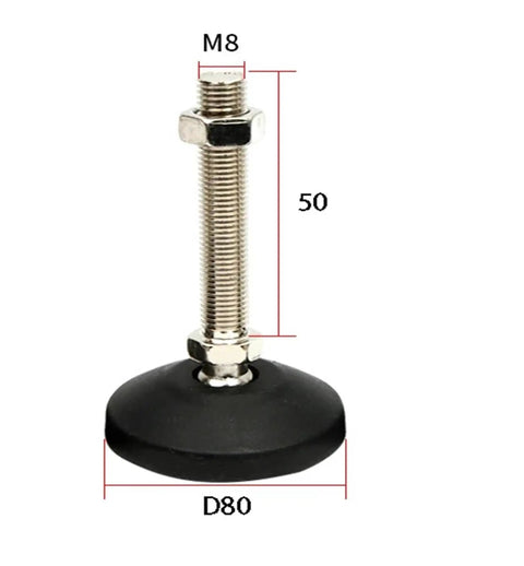Rock Solid Heavy Duty Nylon Adjustable Leveling Feet With Swivel Base And Universal Thread Sizes For Furniture Or Equipment Support Built Like A Tank close-up of adjustable nylon leveling foot with M8 bolt pattern and 80 mm diameter