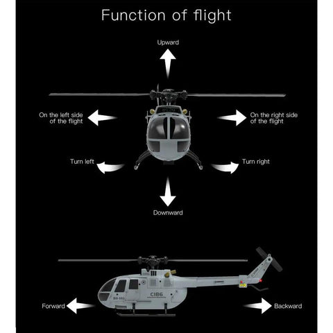 C186 Remote Control Helicopter For Adults 14 Plus Beginners To Pros, Single Rotor Aileronless BO 105 Style Model flight directions diagram