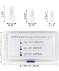 250 Piece Closed End Wire Crimp Connectors And Terminals Kit dimensions with nylon core insulated caps in white, pro-grade