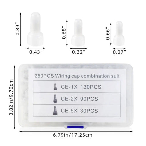 250 Piece Closed End Wire Crimp Connectors And Terminals Kit dimensions with nylon core insulated caps in white, pro-grade