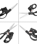 Laser-guided sewing scissors, black ergonomic handles, long silver blades (front view)
Side view of black ergonomic laser-guided sewing scissors with ring handles
Close-up of stainless steel blades and black plastic handles
Angled view showing scissor body, blade pivot, and ring handle