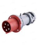 Close-up of industrial waterproof plug and socket connector 5 hole cores, 16A, heavy duty flame retardant shell, copper contacts for harsh environments.