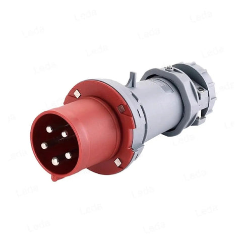 Close-up of industrial waterproof plug and socket connector 5 hole cores, 16A, heavy duty flame retardant shell, copper contacts for harsh environments.